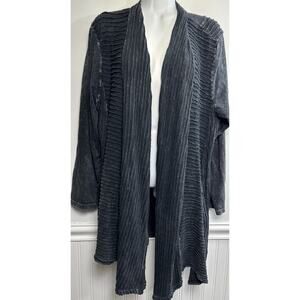 Jess & Jane Cardigan Sweater 1X Open Front Acid Wash Black Pleats Pockets Boho